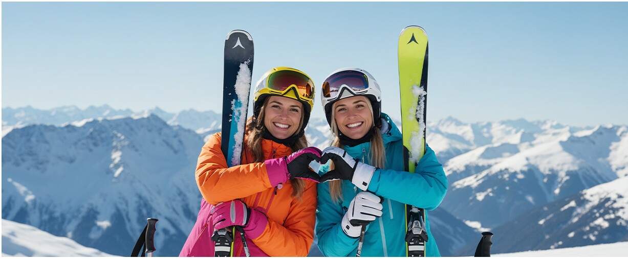 2 femmes en montagne posant avec leurs skis