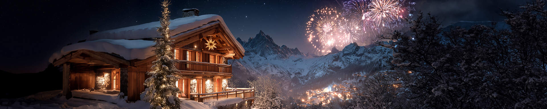 Un chalet au ski avec des feux d'artifices en fond