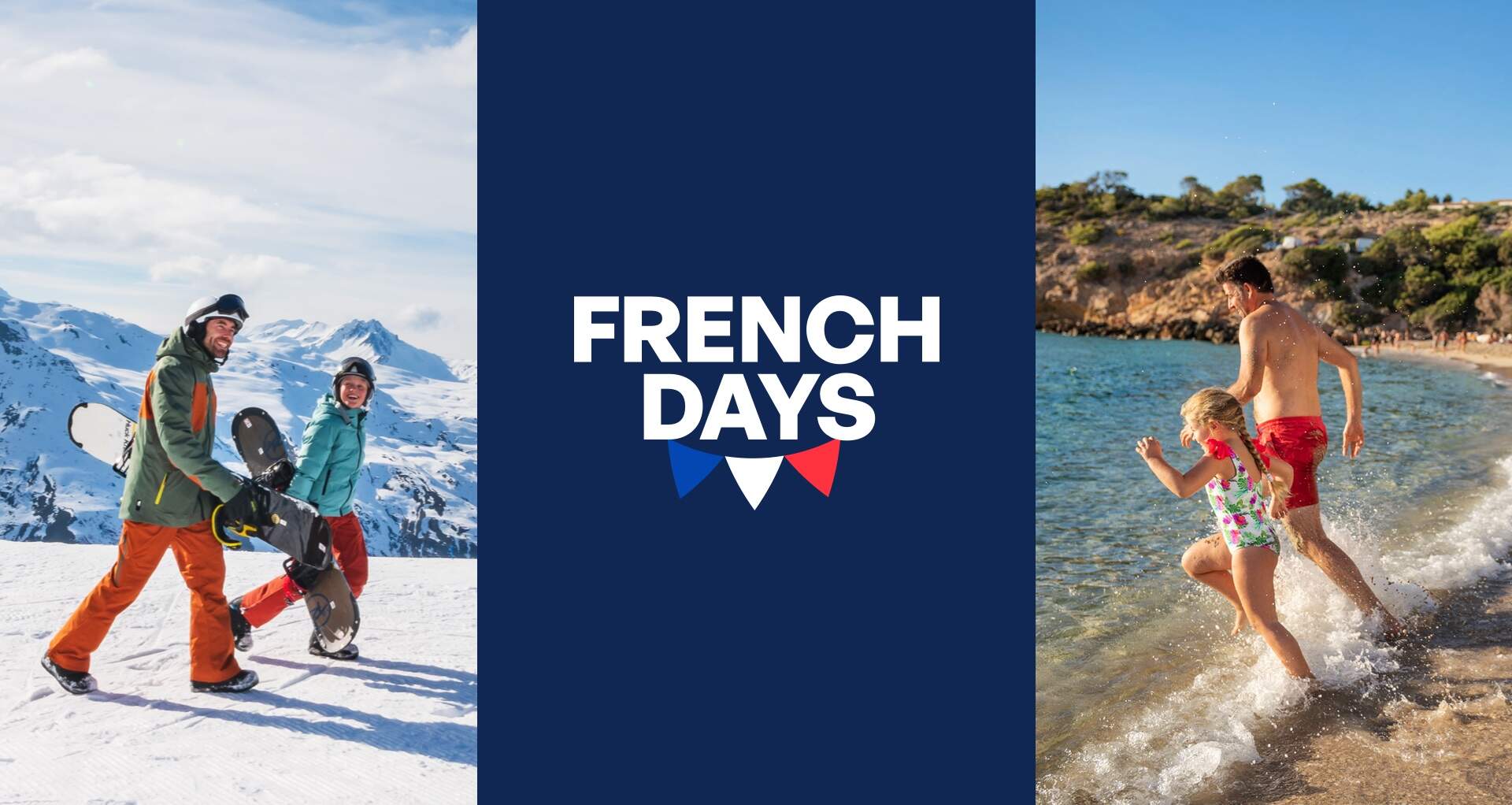 Famille au ski à gauche et enfants sur la plage au soleil, French Days Sunweb