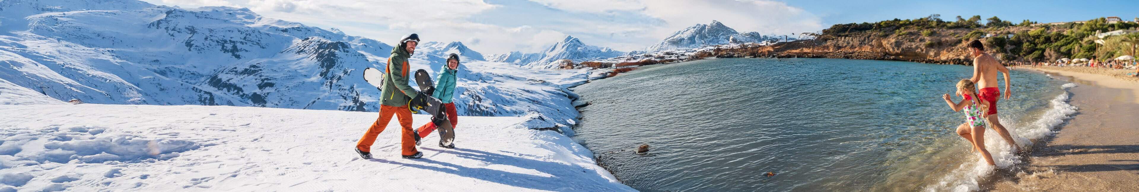 Famille au ski à gauche et enfants sur la plage au soleil, French Days Sunweb