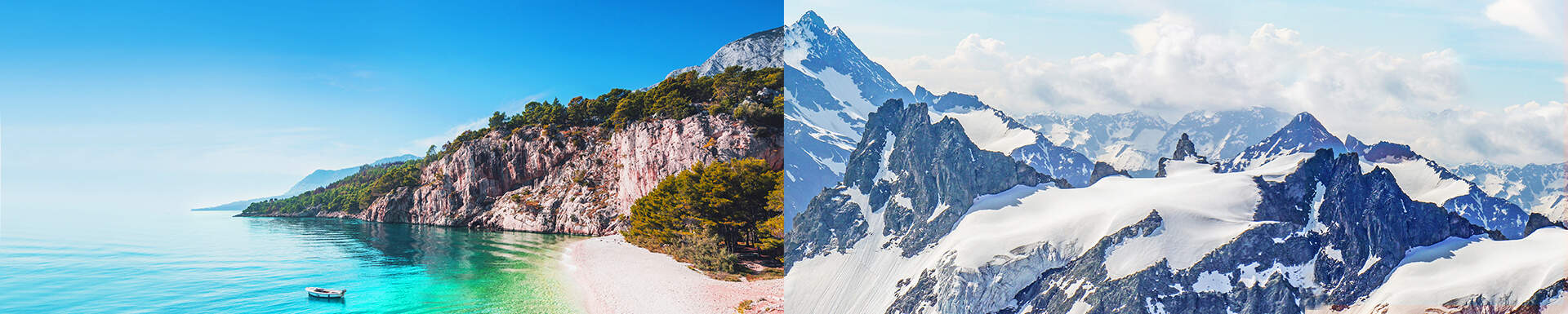 A gauche, falaise verdoyante avec vue sur mer, à droite, paysage de montagne