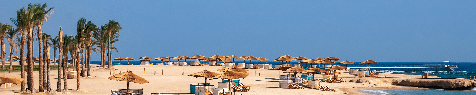 Bord de plage, palmiers et parasols, Port el Ghalib, Egypte