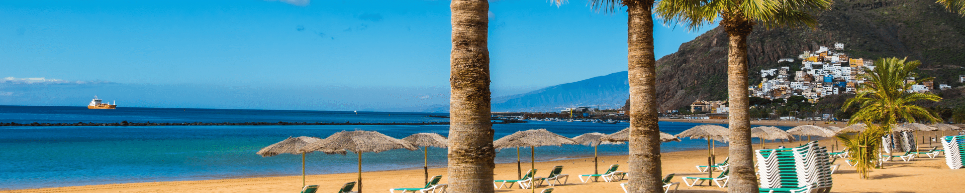 Bord de mer, parasols et palmiers, Santa Cruz, Tenerife, Espagne