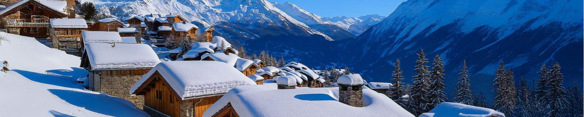 Vue d'ensemble chalets avec montagnes en arrière plan, station-village authentique