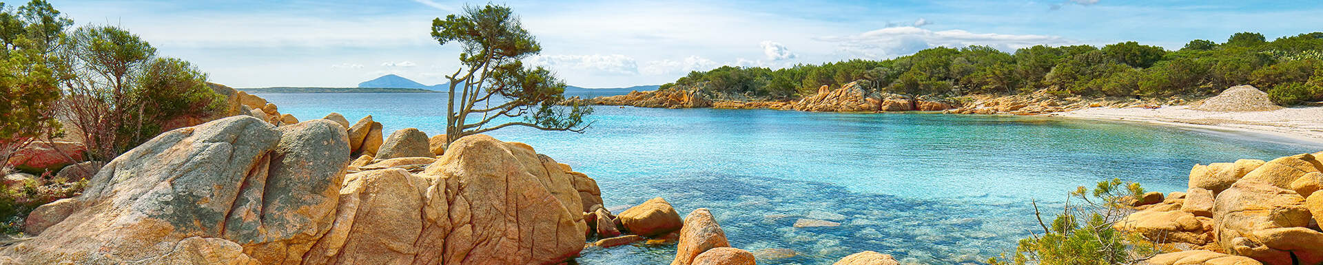 Une vue panoramique d'une plage avec des rochers et des arbres en Italie
