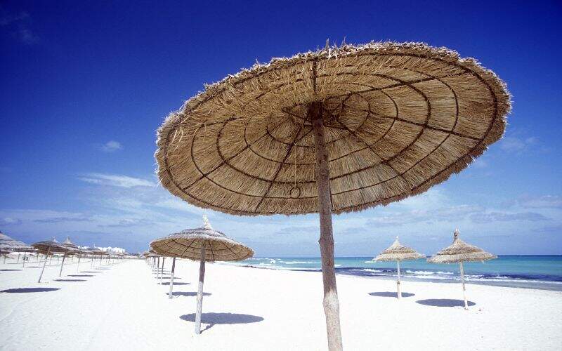 Plage paradisiaque et ses parasols, Tunisie