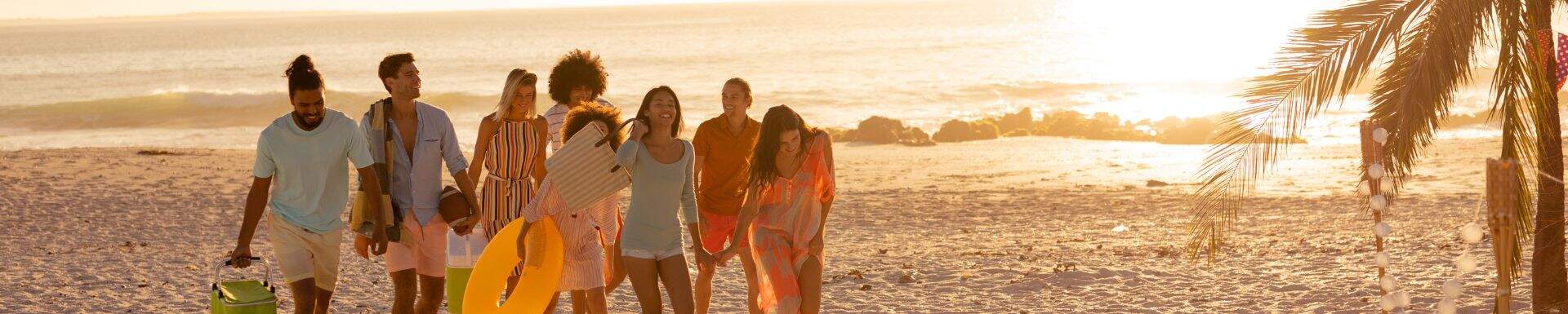 Groupe d'amis sur plage lors d'un coucher de soleil